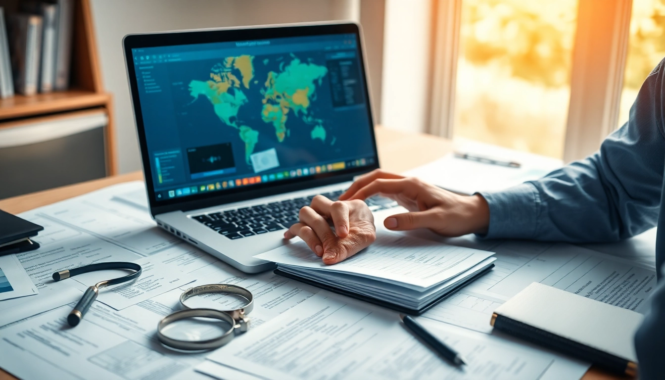 Showcasing skip tracing services through a professional investigator analyzing data and evidence.