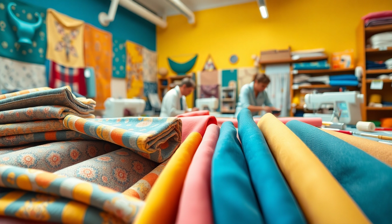 Canvas stoffen verspreid in een kleurrijke naaiatelier met verschillende patronen en texturen.