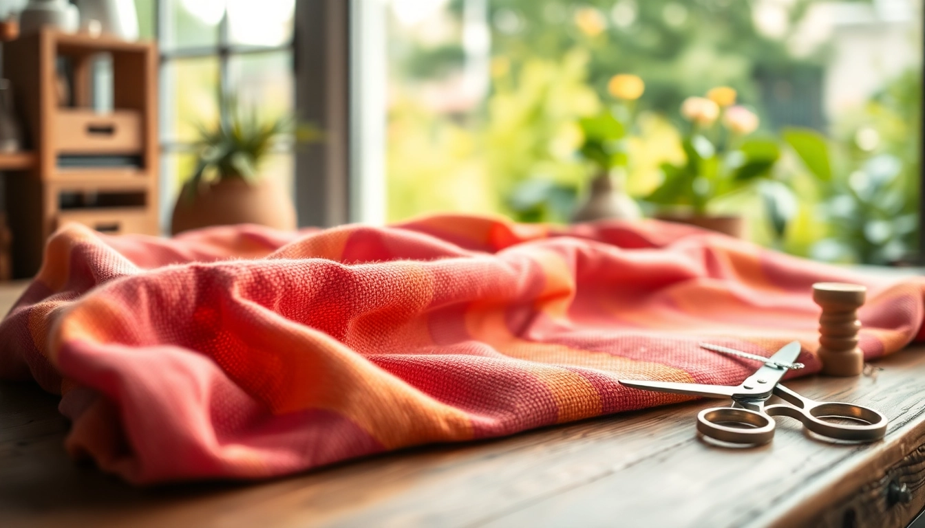 Katoen stof met levendige kleuren en textuur op een houten tafel in een warme sfeer.