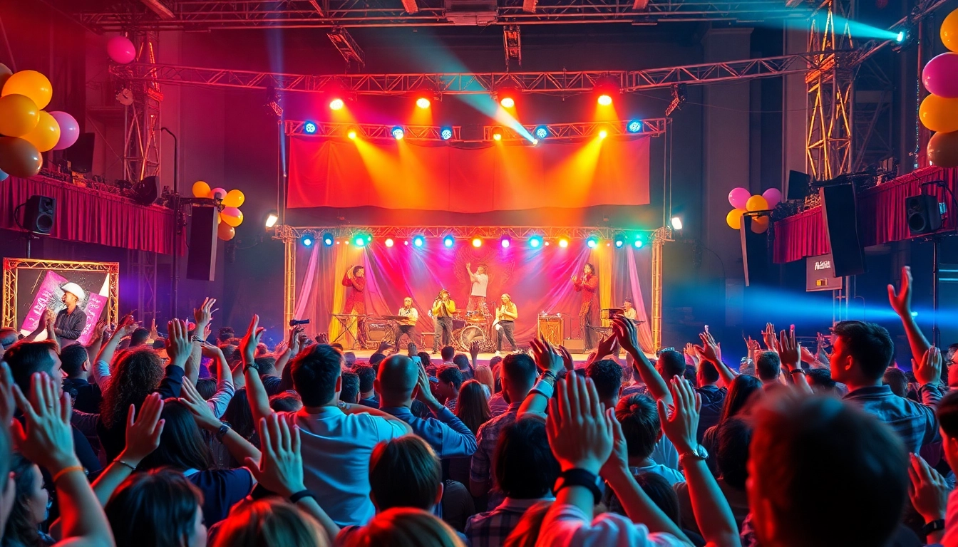 Engaging entertainment services event with performers and a vibrant crowd cheering.