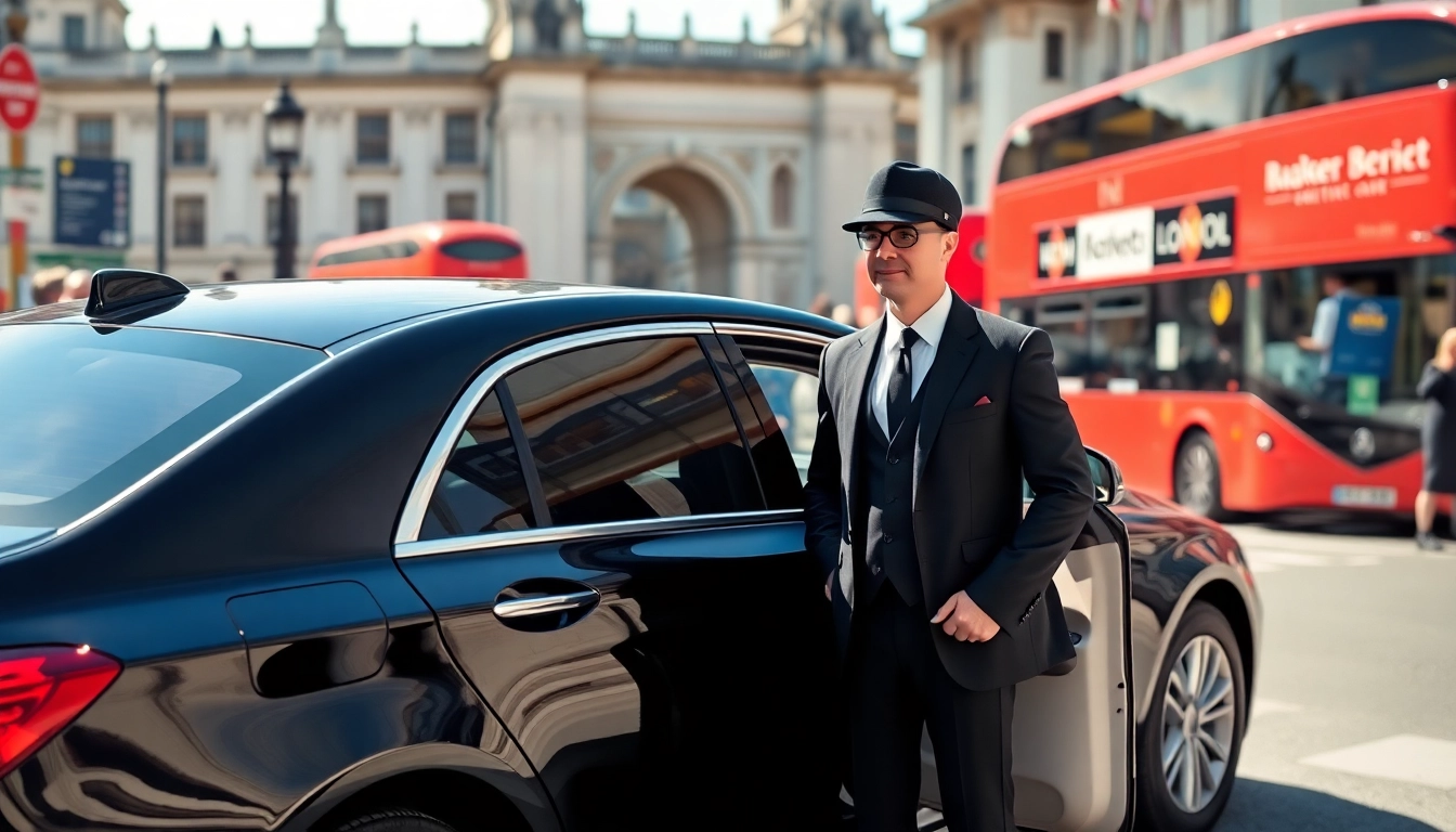 Experience the elegance of a london chauffeur awaiting guests by a luxury vehicle.