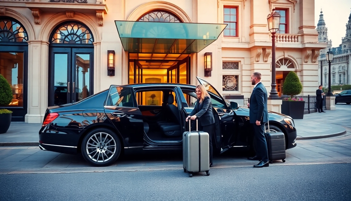 Experience chauffeur service London with a stylish black car and professional chauffeur at a luxury hotel.