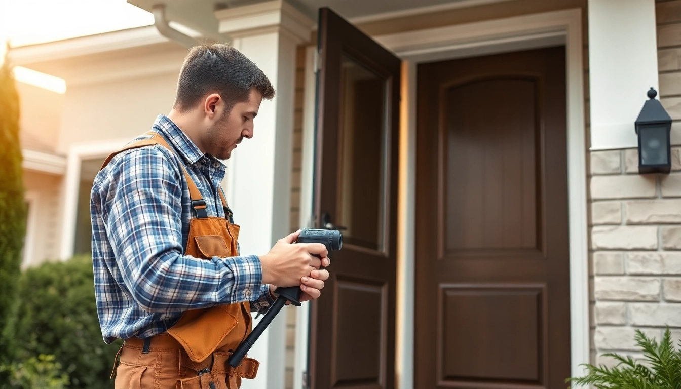 Installing a new door during a door replacement Portland Oregon service, featuring a professional technician.